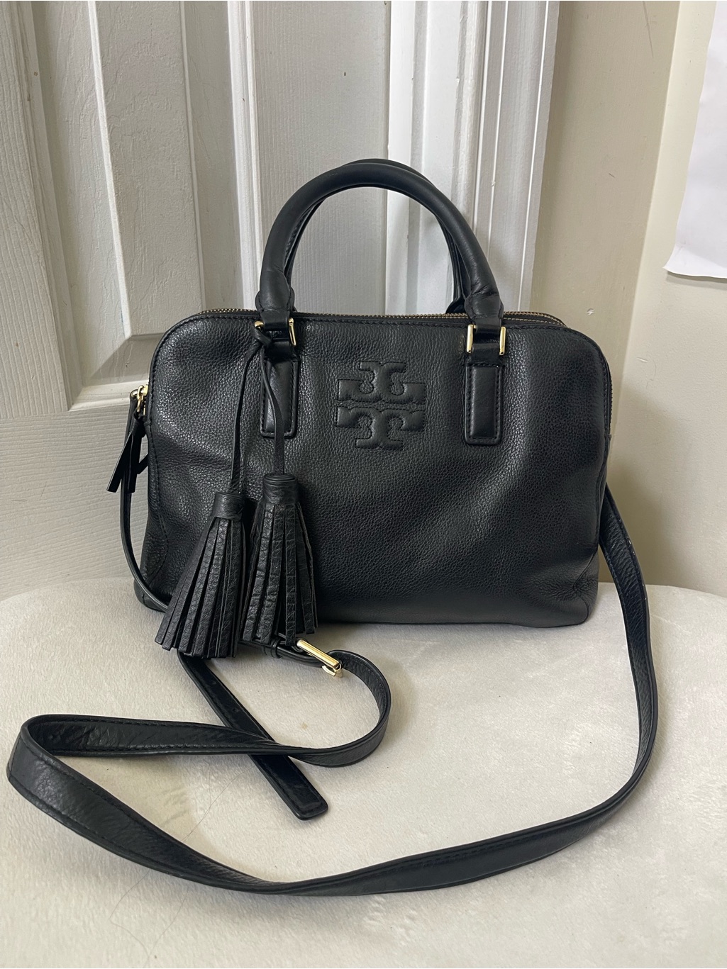 Tory Burch Black Pebbled Leather Crossbody Satchel With Tassels